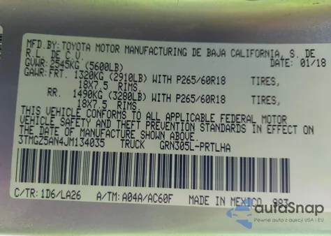 2018 Toyota Tacoma Limited from USA, damaged, VIN 3TMGZ5AN4JM134035